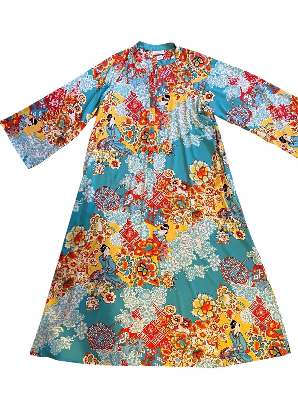 Natori Geisha Floral Kimono Caftan Robe Turquoise XL Japanese Asian Geisha Print